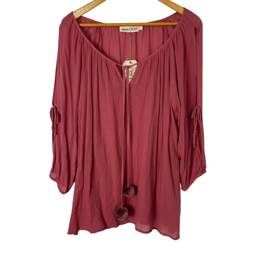 Johnny Was Calme NEW Guaze Split Sleeve Top MED Pink Guava Boho Lagenlook Poms